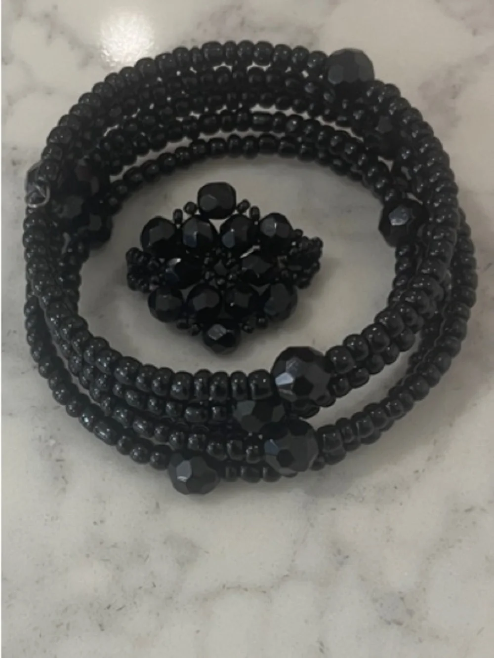 Black Beaded Bracelet Set with Silver Accents and Beaded Stretch Ring